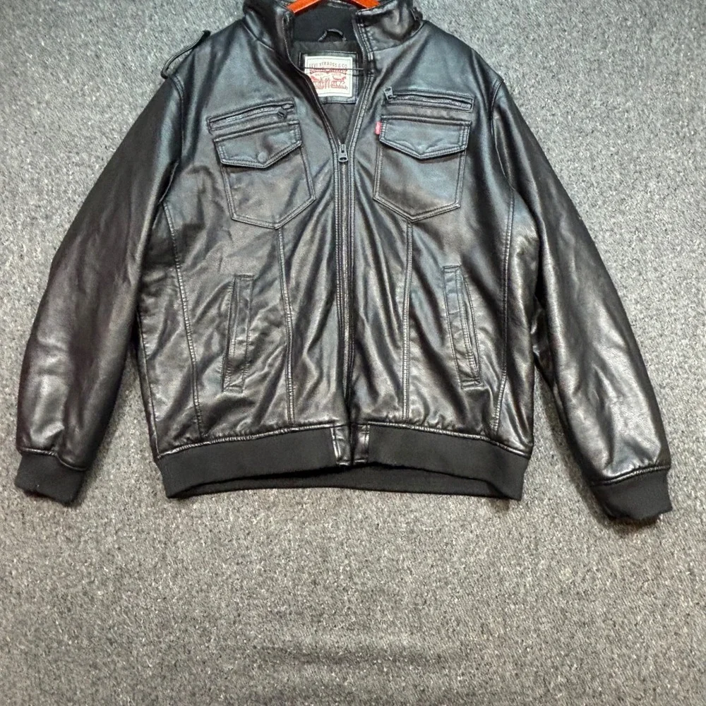 Levis Faux Leather Bomber Jacket Sz XXL Mens Black Streetwear Biker Pockets